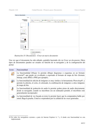 Chamilo 1.8.8 Unidad Docente ­ Primeros pasos: Documentos Guía en Español
Una vez que el documento ha sido editado, guárdelo haciendo clic en Crear un documento. Otros 
tipos de documentos pueden ser creados en función de su navegador y de la configuración del 
portal.
Icono Funcionalidad 
La funcionalidad  Dibujar  le permite dibujar diagramas o esquemas en un formato 
vectorial10
, que puede ser re­editado o exportado al formato de mapa de bits (formato 
bitmap, como JPEG o PNG por ejemplo).
La funcionalidad de edición de imágenes es muy similar a la herramienta Photoshop®  y 
permite la edición, el corte, el coloreado, la combinación de imágenes u otras imágenes 
de mapa de bits.
La funcionalidad de grabación de audio le permite grabar pistas de audio directamente 
desde su navegador, usando su micrófono (en un ordenador portátil, el micrófono está 
generalmente incorporado)
La funcionalidad de voz basada en texto le permite hacer que la computadora hable por 
usted. Haga la prueba. Usted se sorprenderá por la calidad de las voces generadas.
10 En todos los navegadores recientes a parte de Internet Explorer 6, 7 y 8 donde esta funcionalidad no esta 
implementada.
40/253
Ilustración 33: Documentos ­ Crear un nuevo documento
 