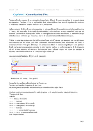 Chamilo 1.8.8 Unidad Docente ­ Comunicación: Foro Guía en Español
Capítulo 11 Comunicación: Foro
Aunque el orden natural de presentación de capítulos debería llevarnos a analizar la herramienta de 
lecciones (ver Capítulo 12  en la página 64), tiene más sentido revisar antes la siguiente herramienta 
la cual suele ser una de las más utilizada en la plataforma.
La herramienta de Foro le permite organizar el intercambio de ideas, opiniones e información sobre 
el curso y los itinerarios de aprendizaje (lecciones). La herramienta ha sido concebida para que los 
alumnos con muchas interrogantes sobre el curso puedan encontrar fácilmente la información que 
están buscando sin tener que buscarla a través de una enorme cantidad de información.
El foro es una herramienta de discusión asincrónica (significa que las personas que participan en 
una conversación no tienen que estar conectadas simultáneamente para intervenir), así como el 
correo electrónico. Una gran diferencia con este es que el foro es un espacio público o semi­público, 
donde varias personas pueden consultar la información incluso si no forman parte de la discusión 
inicial, lo que aumenta el acceso a información muy valiosa cuando un grupo de alumnos y 
docentes intercambien ideas en su campo de especialización.
La estructura de la página del foro es la siguiente: 
En azul arriba y abajo: el nombre de la Categoría,
En rojo en el medio: el nombre de los foros, 
En anaranjado a la derecha: herramientas de administración de los foros.
Los intercambios se organizan en forma jerárquica, en la arquitectura del siguiente ejemplo:
*Categoría de foro
 Foro→
   → → Hilo de discusión 
     mensaje→ → →
       respuesta del mensaje→ → → →
       respuesta del mensaje→ → → →
     mensaje→ → →
        respuesta del mensaje→ → → →
          respuesta del mensaje→ → → → →
y así sucesivamente .
56/253
Ilustración 53: Foros ­ Vista global
 