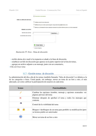 Chamilo 1.8.8 Unidad Docente ­ Comunicación: Foro Guía en Español
– recibir alertas de e­mail si la respuesta se añade a la línea de discusión,
– establecer un hilo de discusión que aparece en la parte superior de la lista de temas,
– agregar un archivo adjunto a un mensaje, junto con un comentario,
– Clic en Crear tema
11.7 ­ Gestión temas  de discusión 
La administración del día a día de los temas (también llamados "hilos de discusión") es idéntica a la 
de las categorías o foros. Usted puede, sin embargo, mover un tema de un foro a otro, el más 
adecuado, así como calificar la participación de usuarios en cada tema
Iconos Funcionalidades
Cambiar las opciones (nombre, mensaje y opciones avanzadas: ver 
páginas previas) del tema
Eliminar (después de aprobar) el tema y todos los mensajes que 
contenía
Control de la visibilidad del tema
Bloqueo / desbloqueo de un tema para prohibir su modificación (pero 
su lectura podría ser autorizada)
Mover un tema de un foro a otro
60/253
Ilustración 57: Foro ­ Tema de discusión
 