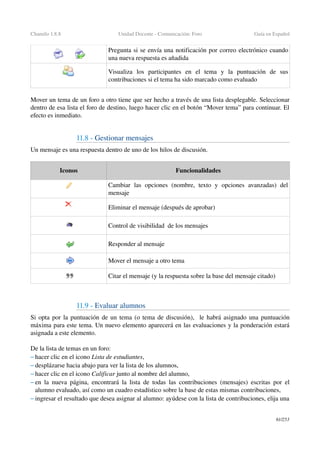 Chamilo 1.8.8 Unidad Docente ­ Comunicación: Foro Guía en Español
Pregunta si se envía una notificación por correo electrónico cuando 
una nueva respuesta es añadida
Visualiza   los   participantes   en   el   tema   y   la   puntuación   de   sus 
contribuciones si el tema ha sido marcado como evaluado
Mover un tema de un foro a otro tiene que ser hecho a través de una lista desplegable. Seleccionar 
dentro de esa lista el foro de destino, luego hacer clic en el botón “Mover tema” para continuar. El 
efecto es inmediato.
11.8 ­ Gestionar mensajes
Un mensaje es una respuesta dentro de uno de los hilos de discusión.
Iconos Funcionalidades
Cambiar   las   opciones   (nombre,   texto  y   opciones   avanzadas)   del 
mensaje
Eliminar el mensaje (después de aprobar)
Control de visibilidad  de los mensajes
Responder al mensaje
Mover el mensaje a otro tema
Citar el mensaje (y la respuesta sobre la base del mensaje citado)
11.9 ­ Evaluar alumnos
Si opta por la puntuación de un tema (o tema de discusión),  le habrá asignado una puntuación 
máxima para este tema. Un nuevo elemento aparecerá en las evaluaciones y la ponderación estará 
asignada a este elemento.
De la lista de temas en un foro:
– hacer clic en el icono Lista de estudiantes,
– desplázarse hacia abajo para ver la lista de los alumnos,
– hacer clic en el icono Calificar junto al nombre del alumno,
– en la nueva página, encontrará la lista de todas las contribuciones (mensajes) escritas por el 
alumno evaluado, así como un cuadro estadístico sobre la base de estas mismas contribuciones,
– ingresar el resultado que desea asignar al alumno: ayúdese con la lista de contribuciones, elija una 
61/253
 