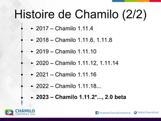 Histoire de Chamilo (2/2)
2017 – Chamilo 1.11.4
2018 – Chamilo 1.11.6, 1.11.8
2019 – Chamilo 1.11.10
2020 – Chamilo 1.11.12, 1.11.14
2021 – Chamilo 1.11.16
2022 – Chamilo 1.11.18...
2023 – Chamilo 1.11.2*..., 2.0 beta
 