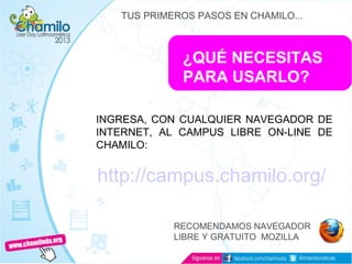 ¿QUÉ NECESITAS
PARA USARLO?
INGRESA, CON CUALQUIER NAVEGADOR DE
INTERNET, AL CAMPUS LIBRE ON-LINE DE
CHAMILO:
TUS PRIMEROS PASOS EN CHAMILO...
http://campus.chamilo.org/
RECOMENDAMOS NAVEGADOR
LIBRE Y GRATUITO MOZILLA
 