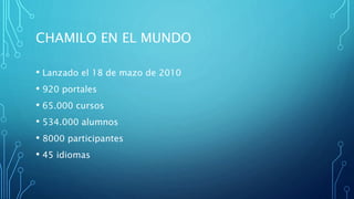 CHAMILO EN EL MUNDO
• Lanzado el 18 de mazo de 2010
• 920 portales
• 65.000 cursos
• 534.000 alumnos
• 8000 participantes
• 45 idiomas
 