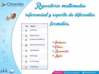 Repositorio multimedia
referencial y soporte de diferentes
formatos.
Imágenes
Videos
Documentos
Audio

 