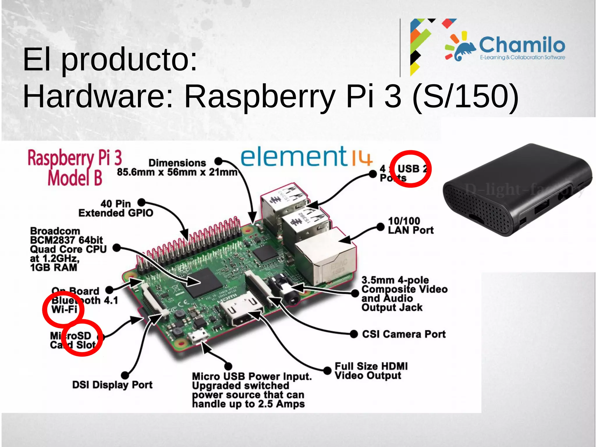 El producto:
Hardware: Raspberry Pi 3 (S/150)
 