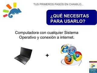 ¿QUÉ NECESITAS
PARA USARLO?
Computadora con cualquier Sistema
Operativo y conexión a internet.
+
TUS PRIMEROS PASOS EN CHAMILO...
 