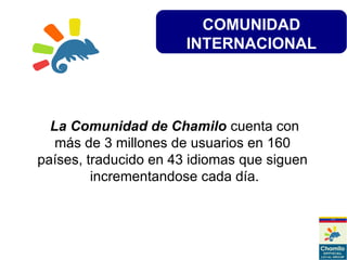 COMUNIDAD
INTERNACIONAL
La Comunidad de Chamilo cuenta con
más de 3 millones de usuarios en 160
países, traducido en 43 idiomas que siguen
incrementandose cada día.
 
