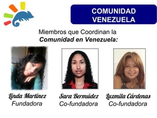 COMUNIDAD
VENEZUELA
Miembros que Coordinan la
Comunidad en Venezuela:
Linda Martinez
Fundadora
Sara Bermúdez
Co-fundadora
Luzmila Cárdenas
Co-fundadora
 
