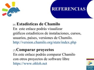 [6] Estadísticas de Chamilo
En este enlace podrás visualizar
gráficos estadísticos de instalaciones, cursos,
usuarios, países, versiones de Chamilo.
http://version.chamilo.org/stats/index.php
REFERENCIAS
[7] Comparar proyectos
En este enlace podrás comparar Chamilo
con otros proyectos de software libre
https://www.ohloh.net
 