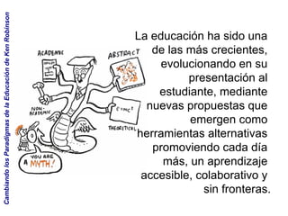 La educación ha sido una
de las más crecientes,
evolucionando en su
presentación al
estudiante, mediante
nuevas propuestas que
emergen como
herramientas alternativas
promoviendo cada día
más, un aprendizaje
accesible, colaborativo y
sin fronteras.
CambiandolosParadigmasdelaEducacióndeKenRobinson
 