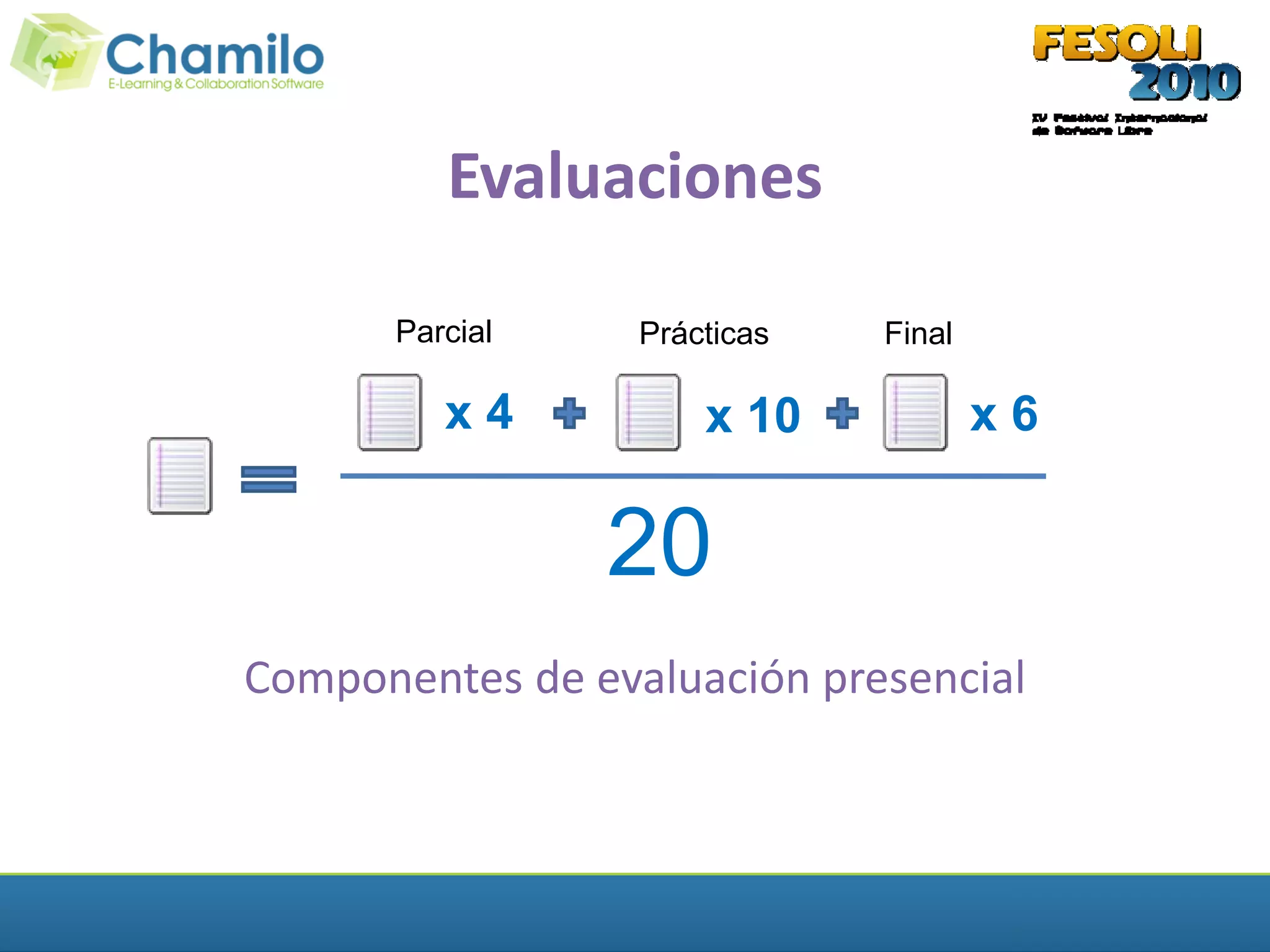 Evaluaciones

      Parcial     Prácticas   Final

         x4           x 10            x6

                20
Componentes de evaluación presencial
 