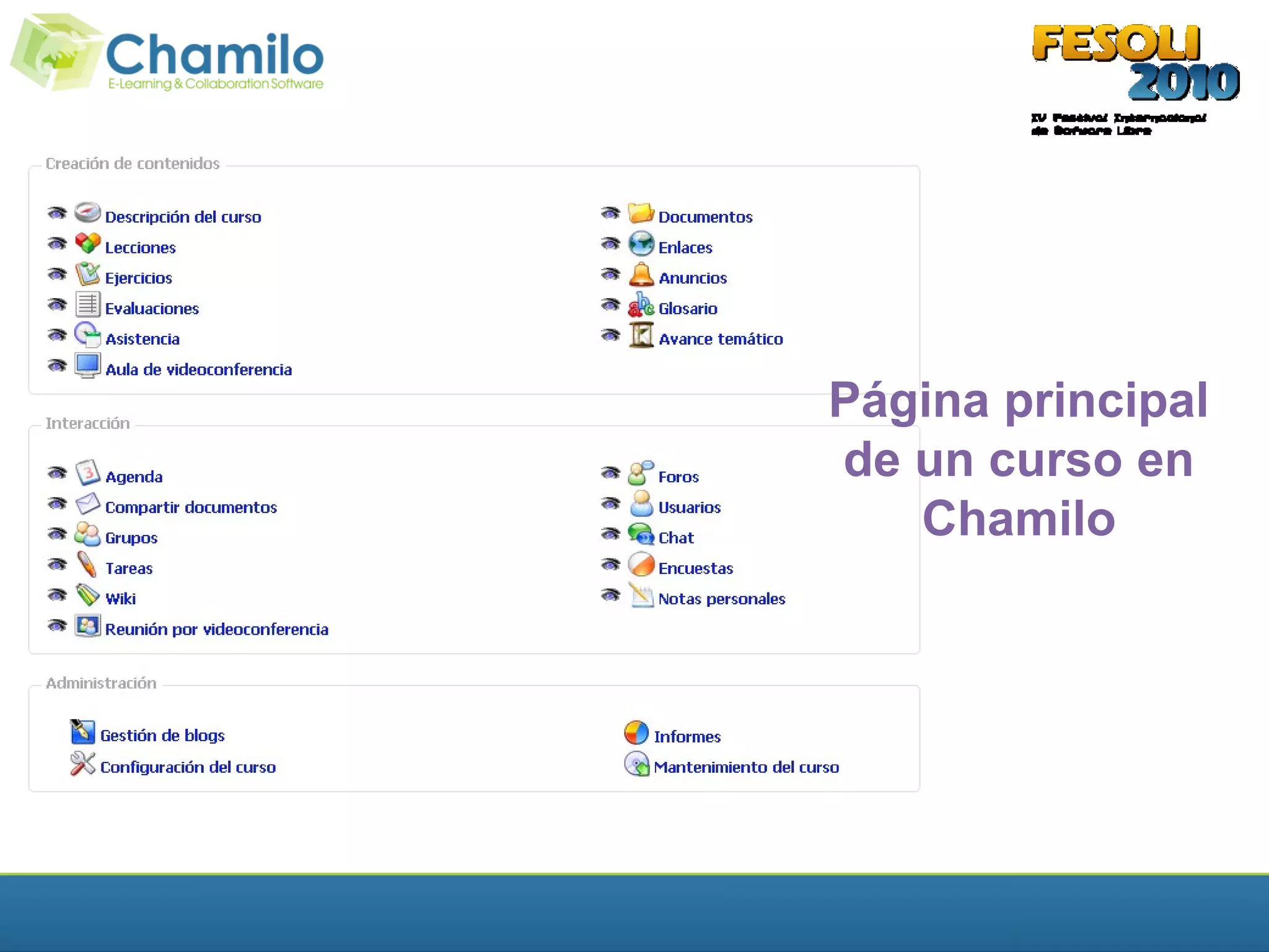 Página principal
de un curso en
   Chamilo
 