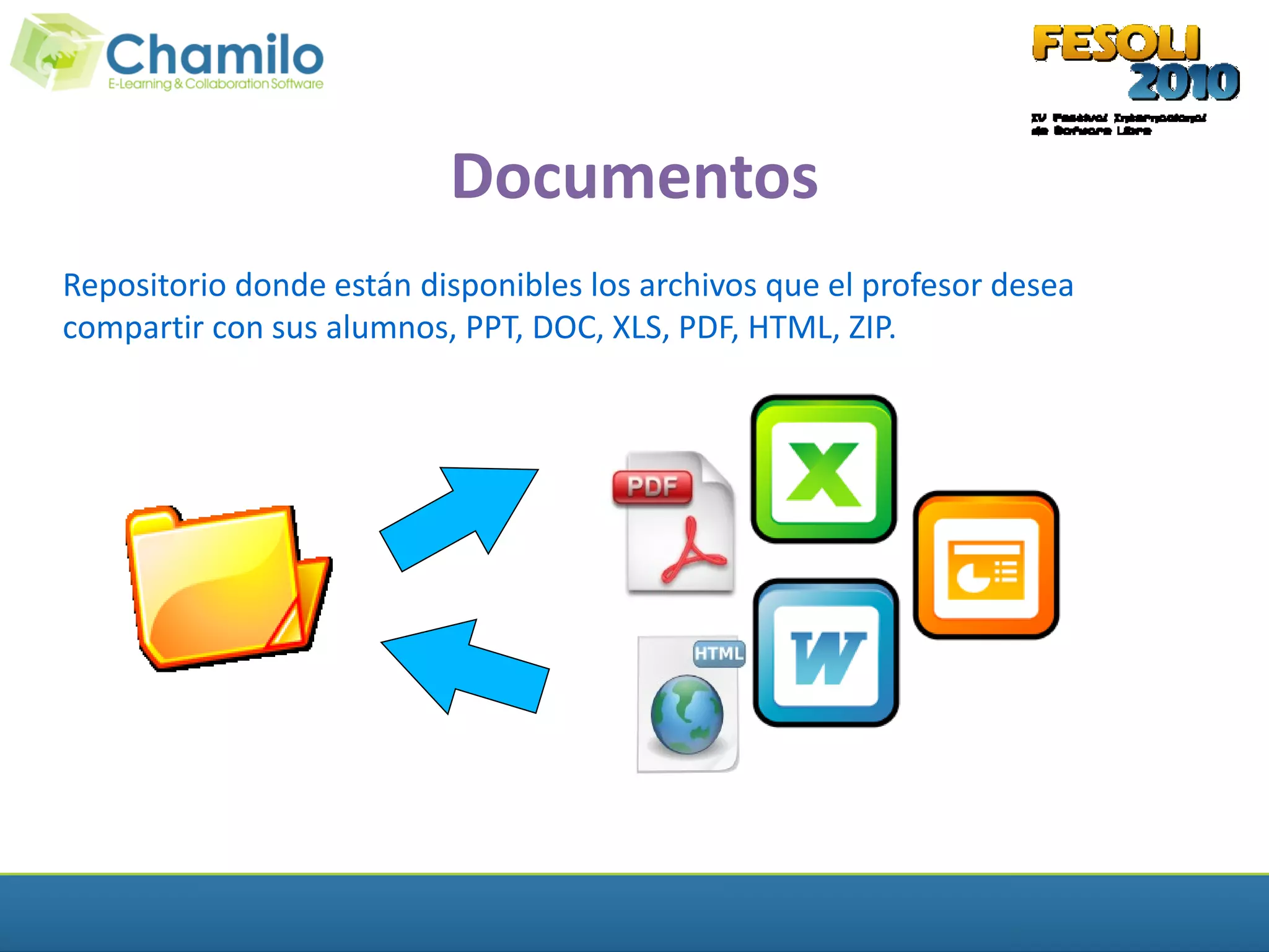 Documentos
Repositorio donde están disponibles los archivos que el profesor desea
compartir con sus alumnos, PPT, DOC, XLS, PDF, HTML, ZIP.
 