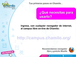 Ingresa, con cualquier navegador de internet,
al campus libre on-line de Chamilo:
http://campus.chamilo.org/
Recomendamos navegador
libre y gratuito Mozilla
¿Qué necesitas para
usarlo?
Tus primeros pasos en Chamilo...
 