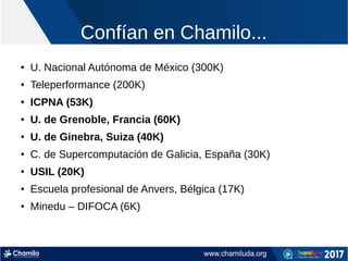 Confían en Chamilo...
● U. Nacional Autónoma de México (300K)
● Teleperformance (200K)
● ICPNA (53K)
● U. de Grenoble, Francia (60K)
● U. de Ginebra, Suiza (40K)
● C. de Supercomputación de Galicia, España (30K)
● USIL (20K)
● Escuela profesional de Anvers, Bélgica (17K)
● Minedu – DIFOCA (6K)
 