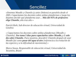 Sencillez
«Tenemos Moodle y Chamilo (y antes Dokeos) en paralelo desde el
2005. Capacitamos los docentes sobre ambas plataformas y luego los
dejamos decidir qué plataforma usar… Más del 95% de profesores
elige Chamilo, año tras año »
Patrick Roth, Sub director de educación virtual, Universidad de
Ginebra
« Capacitamos los docentes sobre ambas plataformas [Moodle y
Chamilo]. Nos toma 5 días para capacitarlos sobre Moodle, y 1 solo
día sobre Chamilo. Para nosotros, descubrir Chamilo después de usar
Moodle fue como pasar del agua al aíre [referencia a la evolución de
las especies y a la dificultad de movimiento] »
Marco Sousa, Responsable de educación virtual, Universidad do
Tocantíns, Brasil
 