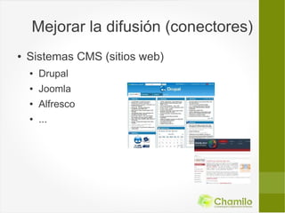 Mejorar la difusión (conectores)
●   Sistemas CMS (sitios web)
    ●   Drupal
    ●   Joomla
    ●   Alfresco
    ●   ...
 