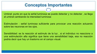 Conceptos Importantes
Umbral: punto en que la señal luminosa se puede detectar y no detectar , se llega
al umbral cambiando la intensidad luminosa
Estimulación : señal luminosa suficiente para provocar una reacción actuando
sobre las neuronas en los ojos.
Sensibilidad: es la reacción al estímulo de la luz , si el individuo no reacciona a
una estimulación alta significa que tiene una sensibilidad baja, esa no reacción
podria decir que hay un trastorno en el campo visual.
 