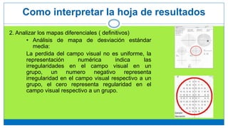 2. Analizar los mapas diferenciales ( definitivos)
• Análisis de mapa de desviación estándar
media:
La perdida del campo visual no es uniforme, la
representación numérica indica las
irregularidades en el campo visual en un
grupo, un numero negativo representa
irregularidad en el campo visual respectivo a un
grupo, el cero representa regularidad en el
campo visual respectivo a un grupo.
Como interpretar la hoja de resultados
 