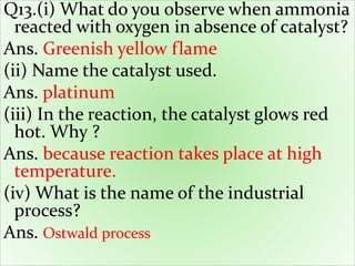 Q13.(i) What do you observe when ammonia
reacted with oxygen in absence of catalyst?
Ans. Greenish yellow flame
(ii) Name the catalyst used.
Ans. platinum
(iii) In the reaction, the catalyst glows red
hot. Why ?
Ans. because reaction takes place at high
temperature.
(iv) What is the name of the industrial
process?
Ans. Ostwald process
 