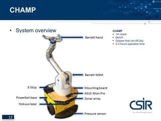 CHAMP 
• System overview CHAMP 
12 
 1m reach 
 6km/h 
 Gripper that can lift 2kg 
 2-3 hours operation time 
 