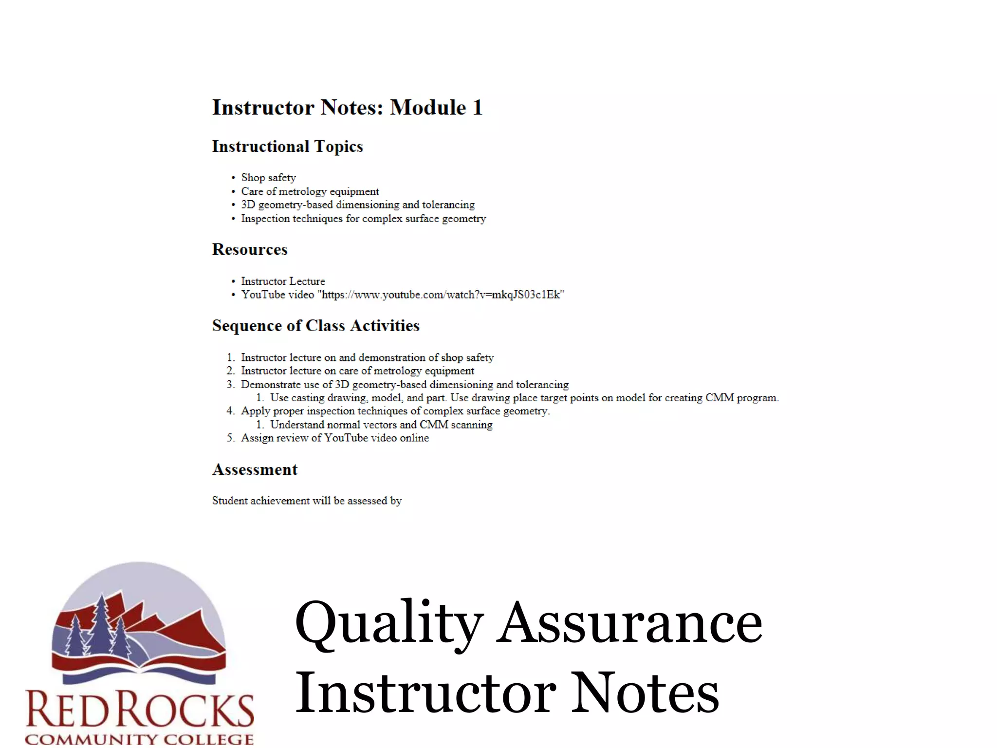 Quality Assurance
Instructor Notes
 