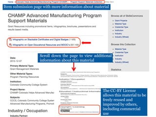 Scroll down the page to view additional
information about this material
Item submission page with more information about material
The CC-BY License
allows this material to be
freely reused and
improved by others,
including commercial
use
 