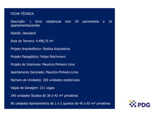COLOCAR FOTO AÉREA
FICHA TÉCNICA
Descrição: 1 torre residencial com 24 pavimentos e 16
apartamentos/andar
Padrão: Standard
Área do Terreno: 4.499,75 m²
Projeto Arquitetônico: Realiza Arquitetura
Projeto Paisagístico: Felipe Reichmann
Projeto de Interiores: Maurício Pinheiro Lima
Apartamento Decorado: Maurício Pinheiro Lima
Número de Unidades: 320 unidades residenciais
Vagas de Garagem: 211 vagas
240 unidades Studios de 36 a 42 m² privativos
80 unidades Apartamentos de 1 e 2 quartos de 45 a 65 m² privativos
 