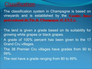 Classification
• The classification system in Champagne is based on
vineyards and is established by the Comité Inter
professional du Vin de Champagne (C.I.V.C.).
• The land is given a grade based on its suitability for
growing white grapes or black grapes.
• A grade of 100% percent has been given to the 17
Grand Cru villages.
• The 38 Premier Cru villages have grades from 90 to
99%.
• The rest have a grade ranging from 80 to 89%.
 
