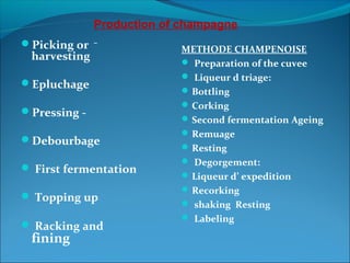 Picking or 
harvesting 
Epluchage 
Pressing -
Debourbage
 First fermentation
 Topping up
 Racking and 
fining
METHODE CHAMPENOISE
 Preparation of the cuvee
 Liqueur d triage: 
Bottling
Corking
Second fermentation Ageing
Remuage
Resting
 Degorgement: 
Liqueur d’ expedition
Recorking 
 shaking  Resting
 Labeling
Production of champagne
 