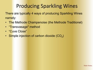 Producing Sparkling Wines
There are typically 4 ways of producing Sparkling Wines
namely:
• The Methode Champenoise (the Methode Traditionel)
• “Transvasage" method
• “Cuve Close”
• Simple injection of carbon dioxide (CO2)

Refer Notes

 