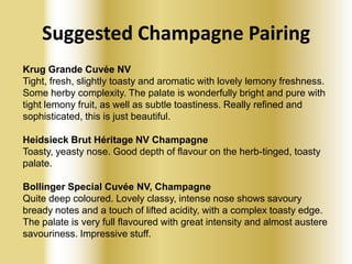 Suggested Champagne Pairing
Krug Grande Cuvée NV
Tight, fresh, slightly toasty and aromatic with lovely lemony freshness.
Some herby complexity. The palate is wonderfully bright and pure with
tight lemony fruit, as well as subtle toastiness. Really refined and
sophisticated, this is just beautiful.

Heidsieck Brut Héritage NV Champagne
Toasty, yeasty nose. Good depth of flavour on the herb-tinged, toasty
palate.
Bollinger Special Cuvée NV, Champagne
Quite deep coloured. Lovely classy, intense nose shows savoury
bready notes and a touch of lifted acidity, with a complex toasty edge.
The palate is very full flavoured with great intensity and almost austere
savouriness. Impressive stuff.

 