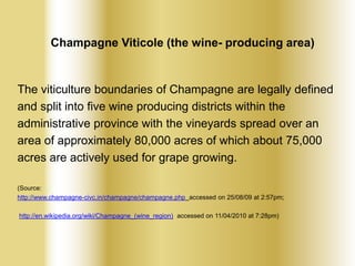 Champagne Viticole (the wine- producing area)

The viticulture boundaries of Champagne are legally defined
and split into five wine producing districts within the
administrative province with the vineyards spread over an
area of approximately 80,000 acres of which about 75,000
acres are actively used for grape growing.
(Source:
http://www.champagne-civc.in/champagne/champagne.php accessed on 25/08/09 at 2:57pm;
http://en.wikipedia.org/wiki/Champagne_(wine_region) accessed on 11/04/2010 at 7:28pm)

 