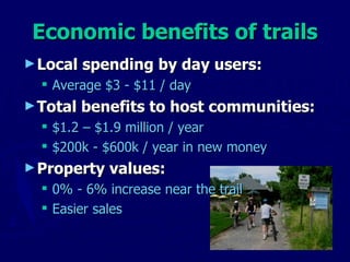 Economic benefits of trails Local spending by day users: Average $3 - $11 / day Total benefits to host communities: $1.2 – $1.9 million / year $200k - $600k / year in new money Property values: 0% - 6% increase near the trail Easier sales 
