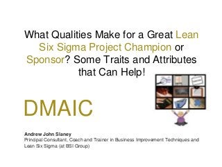 What Qualities Make for a Great Lean
Six Sigma Project Champion or
Sponsor? Some Traits and Attributes
that Can Help!
Andrew John Slaney
Principal Consultant, Coach and Trainer in Business Improvement Techniques and
Lean Six Sigma (at BSI Group)
DMAIC
 