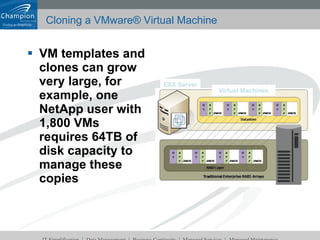 Cloning a VMware® Virtual Machine VM templates and clones can grow very large, for example, one NetApp user with 1,800 VMs requires 64TB of disk capacity to manage these copies Virtual Machines ESX Server 