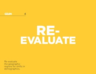 Re-evaluate
the geographic
regions for shifts in
demographics.
RE-
4
EVALUATE