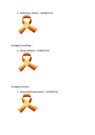 1. Petermans Olivier : 1014014-13
As pigeon yearlings :
1. Ebroin Jérôme : 1138157/15
As pigeon jeunes :
1. Vanvinckenroye Simon : 1132447/16
 