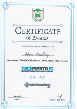 Championship award certificate for Innovative idea category
