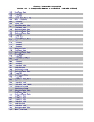 Lone Star Conference Championships
Football: First LSC championship awarded in 1932 to North Texas State University
1990 East Texas State
1989 Texas A&I
1988 Texas A&I
1987 Angelo State, Texas A&I
1986 West Texas State
1985 Texas A&I
1984 Angelo State
1983
Southwest Texas State,
East Texas State
1982 Southwest Texas State
1981 Southwest Texas State
1980 Southwest Texas State
1979 Texas A&I
1978 Angelo State
1977
Abilene Christian, Texas
A&I
1976 Texas A&I
1975 Texas A&I
1974 Texas A&I
1973 Abilene Christian
1972 East Texas State
1971
Southwest Texas State,
Howard Payne
1970 Texas A&I
1969
Texas A&I, East Texas
State
1968 Texas A&I
1967 Texas A&I
1966 East Texas State
1965 Sul Ross State
1964 Sam Houston State
1963 Southwest Texas State
1962 Texas A&I
1961 Sam Houston State
1960 Texas A&I
1959
East Texas State, Texas
A&I
1958 East Texas State
1957 East Texas State, Lamar
1956 Sam Houston State
1955
Sam Houston State,
Southwest Texas State,
East Texas State
1954
Southwest Texas State,
East Texas State
1953 East Texas State
1952 East Texas State
1951 East Texas State
1950 Sul Ross State
1949 East Texas State
1948 Southwest Texas State
1947 North Texas State
 