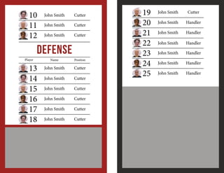 10
11
12

John Smith

Cutter

	

John Smith

Cutter

	

John Smith

Cutter

	
	

Defense
Player
Player
	
	
	
	
	
	

13
14
15
16
17
18

Name

John Smith

	
Position

Cutter

John Smith

Cutter

John Smith

Cutter

John Smith

Cutter

John Smith

Cutter

John Smith

Cutter

	
	

19
20
21
22
23
24
25

John Smith

Cutter

John Smith

Handler

John Smith

Handler

John Smith

Handler

John Smith

Handler

John Smith

Handler

John Smith

Handler

 