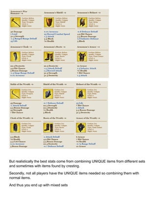 But realistically the best stats come from combining UNIQUE items from different sets
and sometimes with items found by cresting.
Secondly, not all players have the UNIQUE items needed so combining them with
normal items.
And thus you end up with mixed sets
 