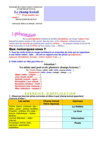 INISTERE DE L’EDUCATION NATIONALE
ACADEMIE DE SETTAT

Le champ lexical
°°°°° D’une manière très
simple !
DELEGATION DE SETTAT
COLLEGE MOULAY ISMAIL –SETTAT

De ces précipitations résultent de terribles inondations, car lorsqu’il pleut, l’eau
descend les pentes comme si elle courait dans des rues , et les ruisseaux, ordinairement à sec,
roulent alors des torrents qui gonflent petit à petit les rivières …. En quelques minutes le niveau de
l’eau monte dans le lit de la rivière de trois, quatre, cinq…. Mètres !

Que remarquez-vous ?
1- Tous les mots écrits en rouge constituent un ensemble de mots qui se rapportent
à une même notion , idée ….Ils ont un rapport avec les pluies (précipitations –
ruisseaux -Inondations- torrents – rivière- il pleut- l’eau ….)
2- Cette notion ou idée peut être un :

Attention !
Un même mot peut avoir plusieurs champs lexicaux !
Ex : Ecole ( Livre- cahier- salle- table- crayon-chaise )
Equipement ( table- chaise- canapé – lampe- …..)
Objet ( table – crayon…….)
Lieu ( école- jardin ………..)
Activité ( travail – sport ….)
Percéption ( vue- odorat …)
Sensation (chaleur – froid .)
Sentiment ( joie- tristesse..)
Idée ( tolérance – respect..)

EXERCICE

D’ A P P L I C A T I O N

1 - Observez bien les séries suivantes et dites à quel champ lexical appartient
chacune d’elles !

Les séries
Scène- drame- coulisses- rôle –
décor – jouer – actrice- souffleur
Chapitre – préface- lire- page –
lecture- bibliothèque – lecteurlibrairieJournal- télévision – radioInternet
Enveloppe- timbre- datesignature- destinataireexpéditeur

Champ lexical
Votre réponse

réponses
Le théâtre
Le livre
Information
Poste

 