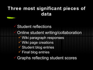Three most significant pieces of data Student reflections Online student writing/collaboration Wiki paragraph responses Wiki page creations Student blog entries Final blog entries Graphs reflecting student scores 