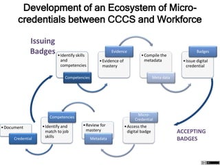 Development of an Ecosystem of Micro-
credentials between CCCS and Workforce
•Document
Credential
•Identify and
match to job
skills
Competencies
•Review for
mastery
Metadata
•Access the
digital badge
Micro-
Credential
•Identify skills
and
competencies
Competencies
•Evidence of
mastery
Evidence
•Compile the
metadata
Meta data
•Issue digital
credential
Badges
Issuing
Badges
ACCEPTING
BADGES
 