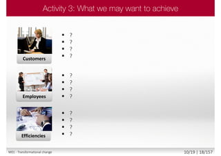 Customers
Employees
Efficiencies
 ?
 ?
 ?
 ?
 ?
 ?
 ?
 ?
 ?
 ?
 ?
 ?
M01 - Transformational change 10/19 | 18/157
 