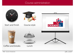 Start and finish Course style
LunchCoffee and breaks
M00 - Course introduction 2/8 | 2/157
 