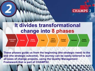 It divides transformational
                  change into 8 phases
                                                        Service
    Transformation                Shaping                            Proving &                     Benefits
                     Visioning                Design   Creation &                 Stabilisation
       Initiation                & Planning                          Transition                   Realisation
                                                       Realisation




These phases guide us from the beginning (the strategic need) to the
end (the strategic outcome). The journey can be easily tailored to suit
all sizes of change projects, using the Quality Management
Framework that is part of CHAMPS2.
 