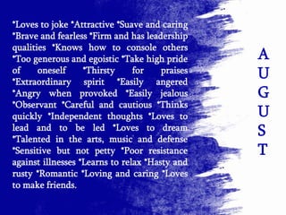*Loves to joke *Attractive *Suave and caring
*Brave and fearless *Firm and has leadership
qualities *Knows how to console others
*Too generous and egoistic *Take high pride      A
of     oneself     *Thirsty     for
*Extraordinary spirit *Easily angered
                                       praises
                                                 U
*Angry when provoked *Easily jealous             G
*Observant *Careful and cautious *Thinks
quickly *Independent thoughts *Loves to          U
lead and to be led *Loves to dream
*Talented in the arts, music and defense
                                                 S
*Sensitive but not petty *Poor resistance        T
against illnesses *Learns to relax *Hasty and
rusty *Romantic *Loving and caring *Loves
to make friends.
 