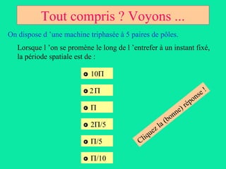 Tout compris ? Voyons ...
On dispose d ’une machine triphasée à 5 paires de pôles.
   Lorsque l ’on se promène le long de l ’entrefer à un instant fixé,
   la période spatiale est de :

                            10Π

                          2Π                                                  e!
                                                                         o   ns
                            Π                                   ) rép
                                                               ne
                                                          on
                             2Π/5                   a   (b
                                                  zl
                         
                                                ue
                            Π/5            Cliq

                            Π/10
 